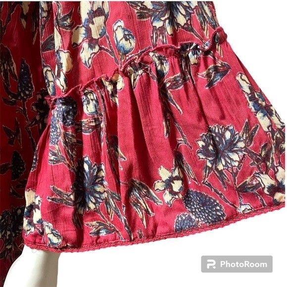 Angie Boho Red Burgundy Floral Top Bell Sleeve Crew Neck Size S - Picture 5 of 9
